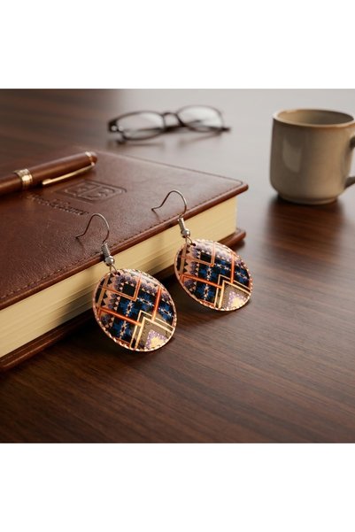 Erol Bakır Copper Navy Blue Orange Cross Pattern Dangle Earrings
