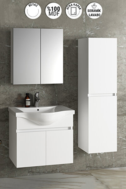ÖZCEDEN Yıldız 65+35 cm Beyaz MDF Seramik Lavabolu Asma Banyo Dolabı Takımı