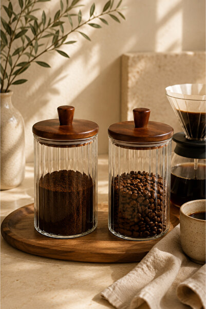 Mottogo Set of 2 Acacia Lid Glass Jars 420 ml – Glass Storage Container with ...