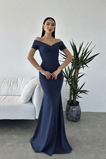 Deafox Navy Blue Crepe Fabric Short Sleeve Boat Neck Slit Detail Maxi Length ...