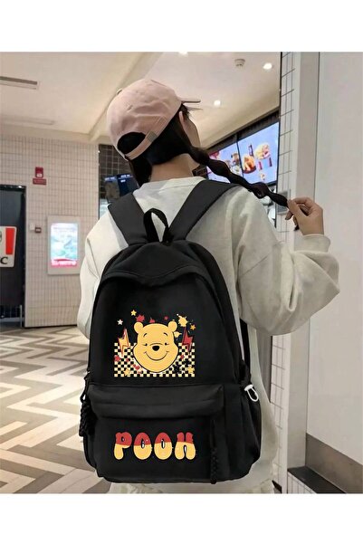 Minga London Black Pooh Printed School, Office, Course Backpack
