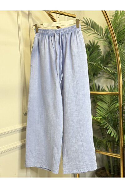 ALANURMODA 26087 بنطلون كتان واسع الساق أزرق فاتح
