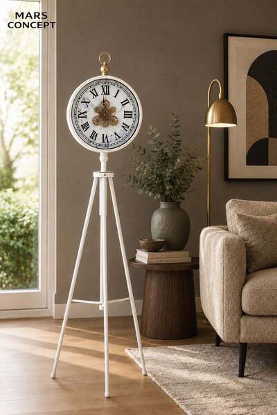MARS CONCEPT Tripod Ayaklı Hareketli Çarklı Beyaz Mermer Desenli Yer Saati │ ...