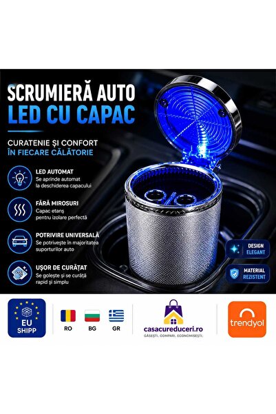 ANY SHOP MARKET Scrumieră Auto LED cu Capac Etanș, Iluminare Automată Albastr...