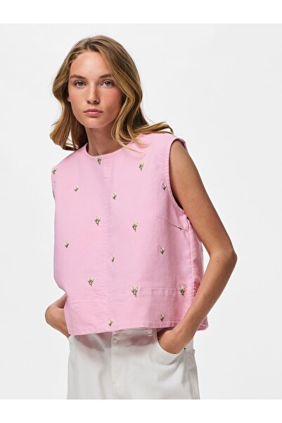 PIECES Oberteil PCFLORA BESTICKTES DENIM