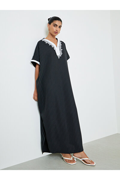 Styli Black Striped Jalabiya with Lace Trim