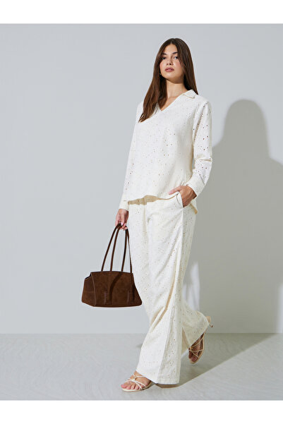 Styli Off White Cotton Schiffli Top and Pants Set