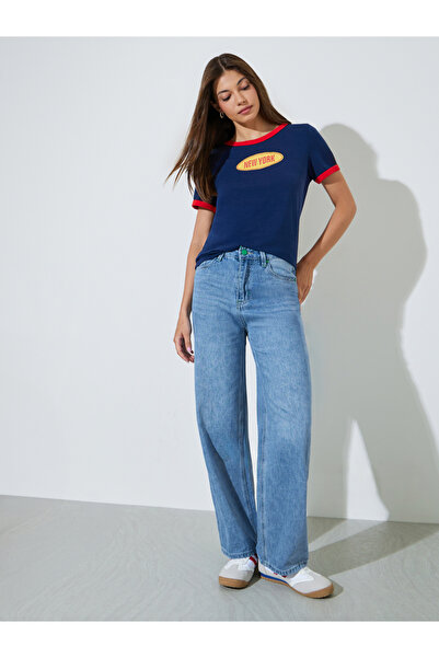 Styli Blue Whisker Wide Leg Jeans with Pocket