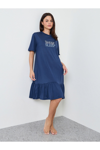 Styli Navy Blue Slogan Wide Ruffle Hem Sleep T-Shirt Dress