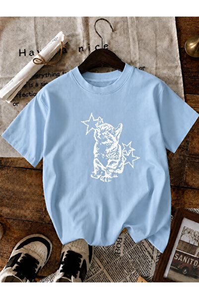 ZİYMO Women's Y2K Star Cat Printed Oversized T-Shirt Baby Blue Baby Blue