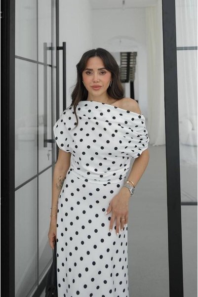 the baleria فستان نسائي أنيق منقط بدون أكتاف