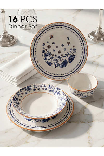 VETRE 16 Piece Ceramic Dinnerware Set for 4 - Classic Blue Pattern