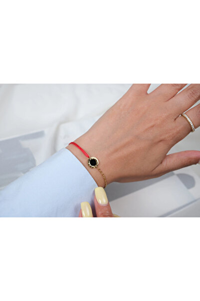 ATELİER TUĞBA Blk591 Roma Numerical Black Mineli Red Cord Bracelet (18 cm + 3...