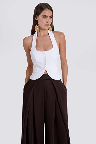 Thalure Kadın Beyaz Halter Yaka Crop Yelek
