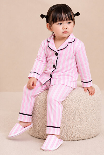 Rocha Baby Striped Children's Pajama Set with Slippers 3 Piece Ribbed Home Wear Set
