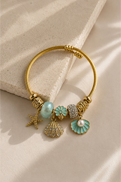 PABALAS Women's Gold Steel Charm Bracelet with Starfish, Seashell, Pearl and ...