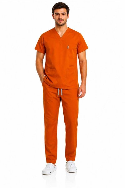 SKORMED Set de uniforme medicale UNISEX portocalii – Material elastic, decolteu în V, uniformă pentru asistente și medici cu buzunare