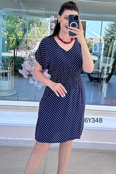 İnce Topuk Beli Gipeli Polka Dot Viscose Dress 6Y348