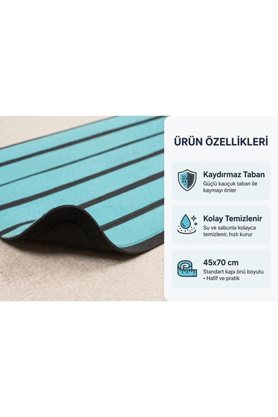 Evoris Delta Cc007A Turquoise Striped Non-Slip Base Waterproof Washable Door Mat 45X70 cm
