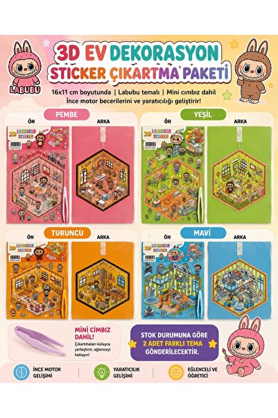 kruxon Labubu Temalı 3D Ev Dekorasyon Sticker Seti Mini Cımbızlı 2'li Karışık...