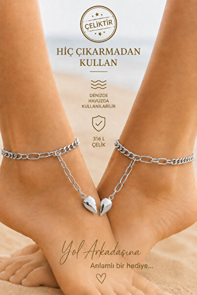 Sacce Scarves&Accessories 316 L Steel Half Heart Detailed Anklet Set of 2 Mea...