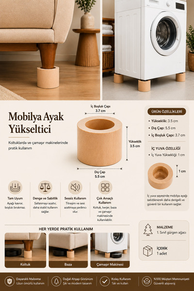 LEGORA WOOD DESIGN Ahşap Mobilya Yükseltici Robot Süpürge Uyumlu Makina Titre...