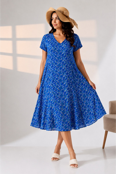 LİKAPA Summer Plus Size Viscose V-Neck Short Sleeve Dress 2688