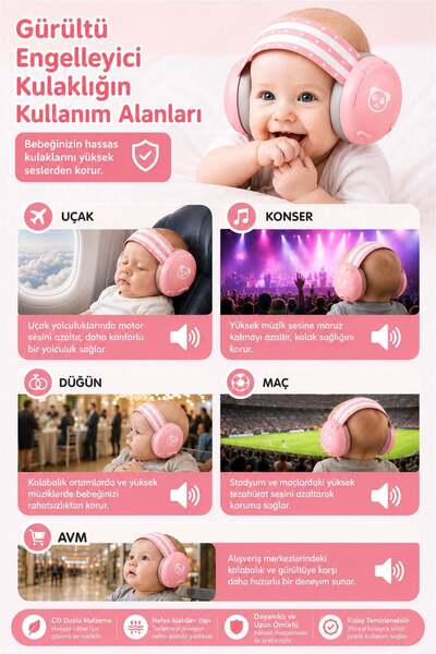 Reyo Bebek Gürültü Önleyici Kulaklık, Koruyucu Bebek Kulaklığı, Konser, Uçak, Seyahat, Düğün ve Maç İçin Gürültü Azaltıcı Bebek Kulaklığı 0-4 Yaş Pembe