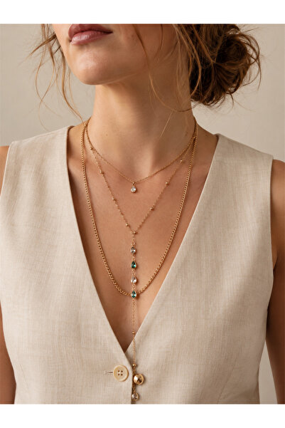 Pelin Aksesuar Triple Gold Color Necklace with Green and White Drop Stones