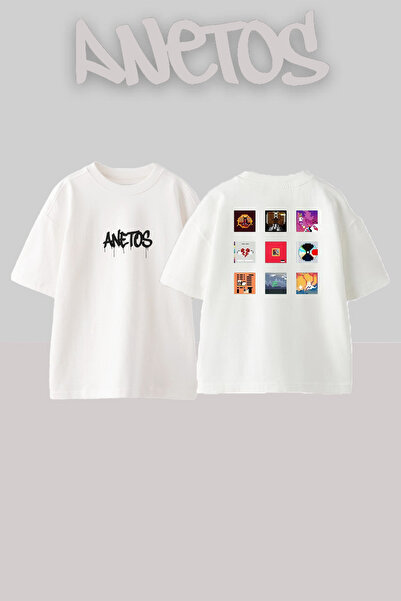 Anetos تي شيرت أبيض كبير الحجم مطبوع بتصميم Kanye West_18 للجنسين