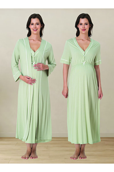 by İGP V-Neck Cotton Long Robe Maternity Nightgown Set