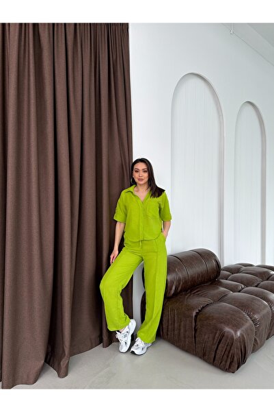 DAME Women's Oversize Linen Trousers with Front Stitching Detail - Shirt Set
