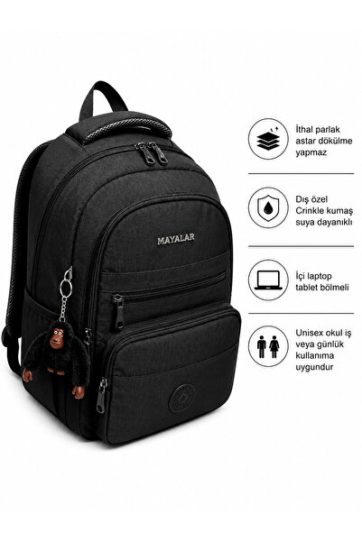 MAYALAR Premium Crinkle Kumaş Unisex Okul Sırt Çantası 5 Fermuarlı, Ekstra Ön...