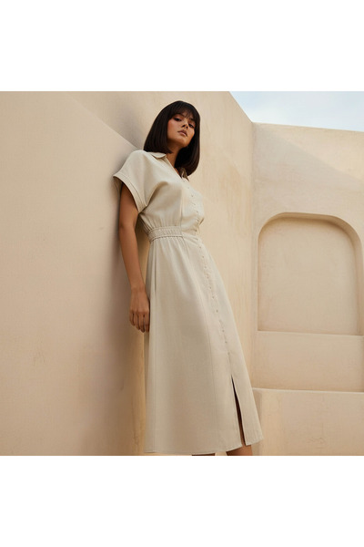 FAV A-line Midi Linen Blend Shirt Dress with Cinched Waist