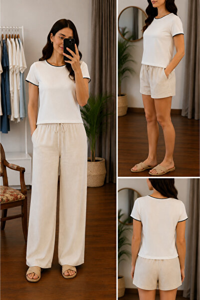 MODA Luna Contrast Piping Basic T-Shirt – Ecru