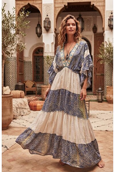 moda gk Boncuk/Nakış Detaylı Parlak Desenli Bohem Pamuk/İpek Elbise
