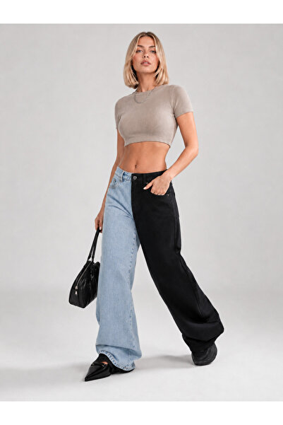SHEVEGA Women's Double Color Black Blue Wide Leg Loose Baggy Jeans Denim Trou...