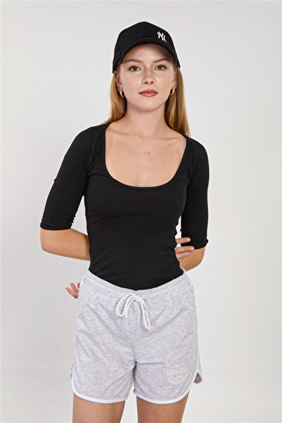 BARRELS AND OIL Women's Deep Neckline Short Sleeve Bodysuit - Black