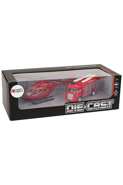 LeanToys Set masina si elicopter pompieri, LEAN, Rosu