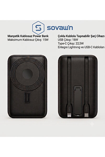 Sovawin 10.000mAh MagSafe Powerbank 15w Wireless / 22.5w Hızlı Şarj - Dahili ...