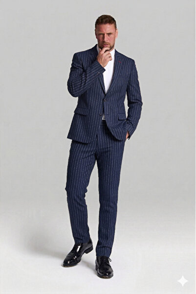 GustmanModa ÇİZGİLİ LACİVERT SLIM FIT CEKET