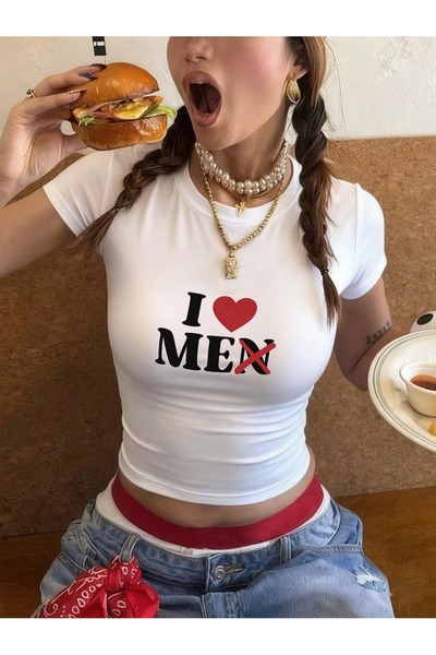 Toum Kemer Boy I Love Men Printed Crop Blouse