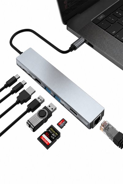 Ozsport USB Çoklayıcı Type-C Hub 8-in-1 HDMI USB SD Micro SD – Çoğaltıcı - Çevirici MacBook Pro / Air Uyumlu