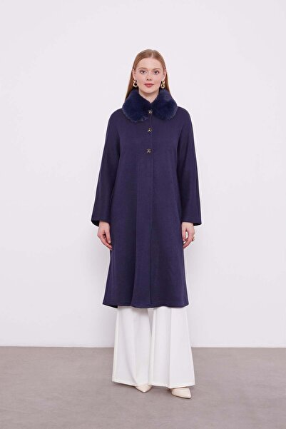 Levidor Navy Blue Cashmere Cardigan with Fur Collar