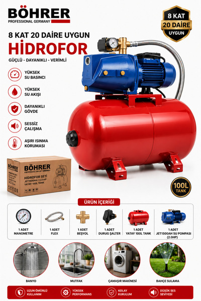 BÖHRER BA011423 8 KAT 25 DAİRE KADAR UYGUN 100L 2HP OTOMATİK AÇ KAPA HİDROFOR...