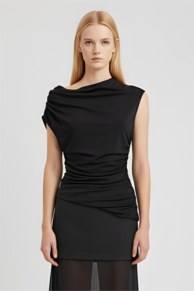 Perspective Black Degaje Collar Asymmetric Blouse