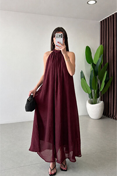 solena sln Rochie de vară lejeră, lungă, cu guler halter și dantelă, pentru f...