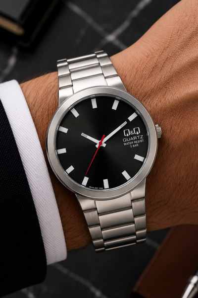Q&Q Men's Silver Metal Cord Black Dial 5 Bar Wristwatch with 2 Year Warranty