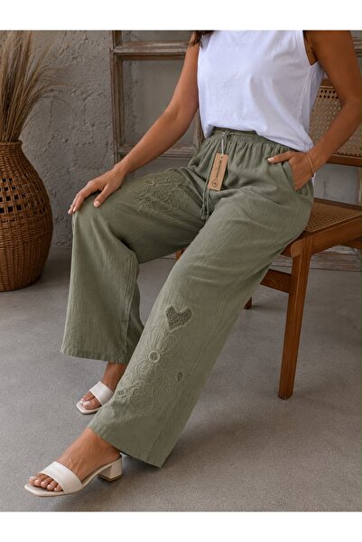 MENSAR OTANTİK Cotton Trousers with Floral and Heart Embroidery