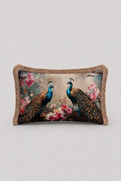 VISIONARIO Peacock Patterned Tasseled Babyface Woven Throw Pillow Cover